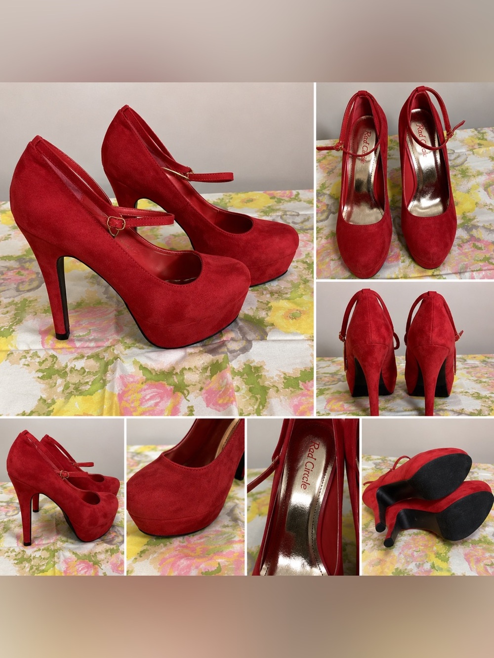 👠 Red Circle Red Faux Suede Platform Pumps with Ankle Strap | Size 8.5